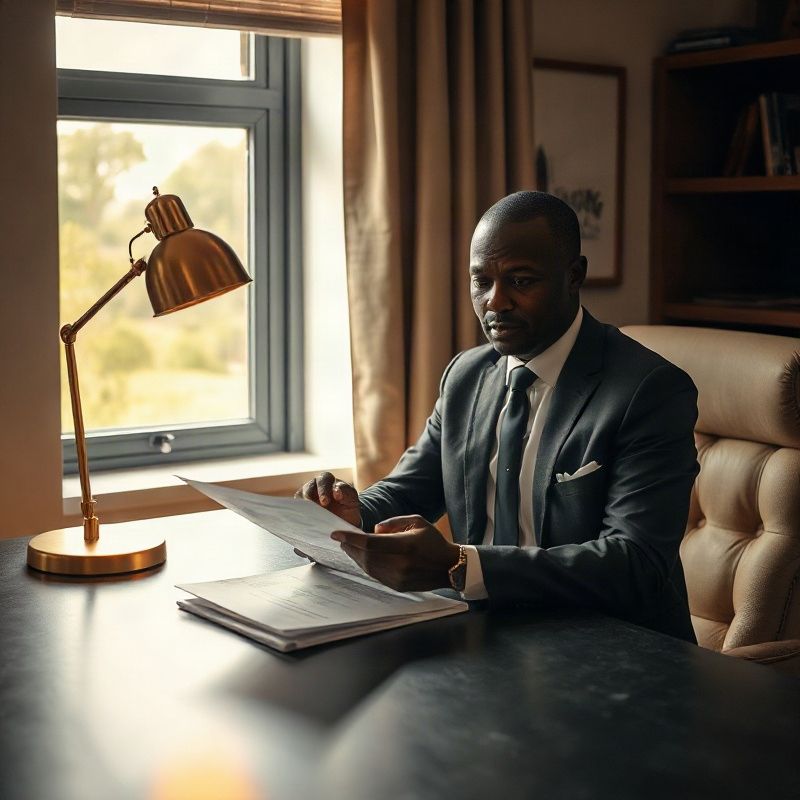 A single adviser reviewing documents at a charcoal-topped desk under a warm gold lamp