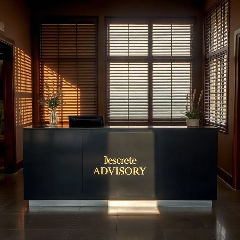 Reception area of a discreet advisory office with charcoal desk and gold lettering