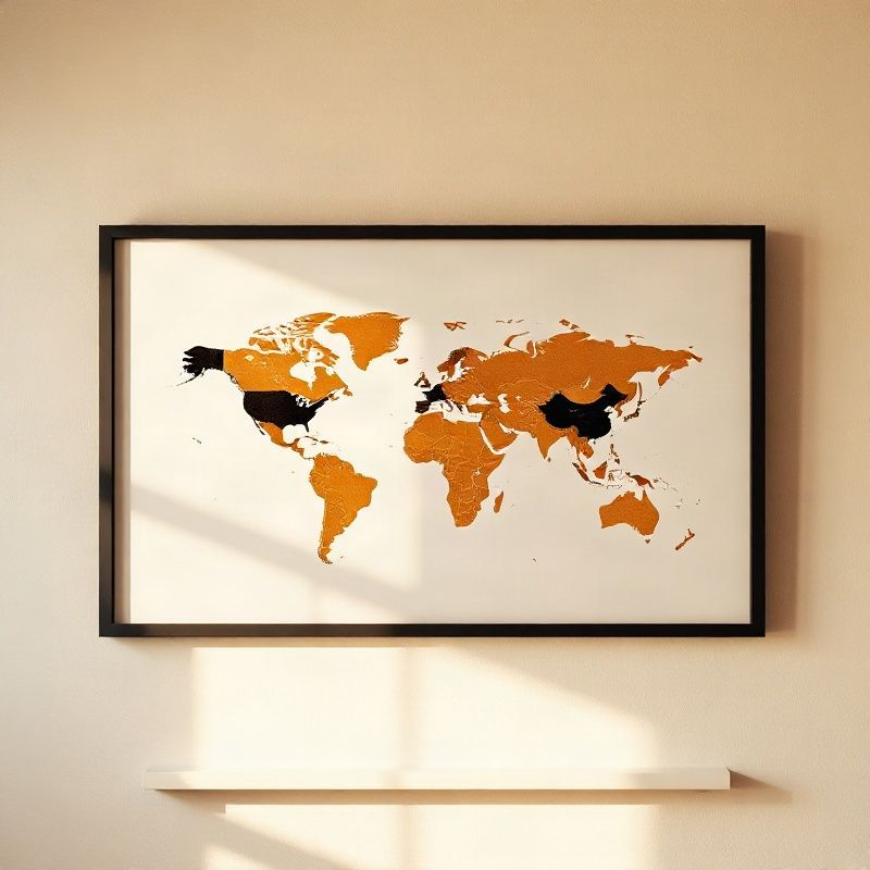 Framed minimalist world map on a warm off-white wall