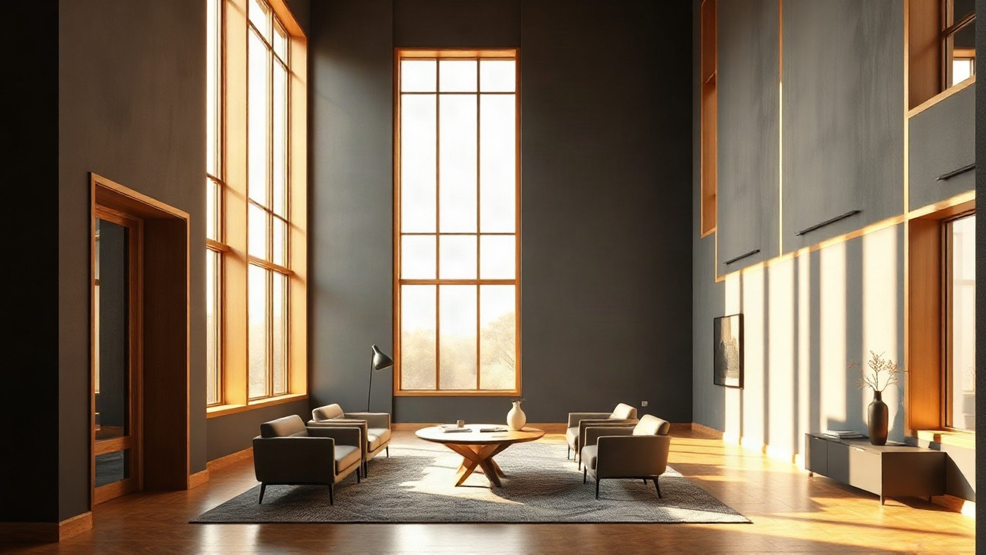 Interior of a minimalist advisory office in charcoal and gold tones